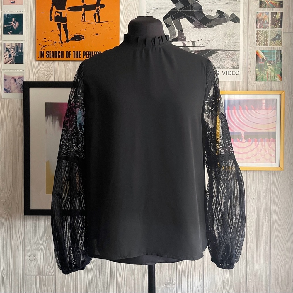 Black Pouf Sleeve Lace High Neck Ruffle Shirt Office Date Night Blouse Statement